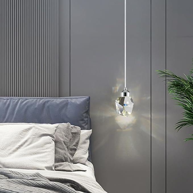 Modern Crystal Pendant Light, 3-Color LED Crystal Pendant Light, Adjustable Height Silver Ceiling Hanging Pendant Lamp, for Bedroom Dining Room Kitchen Island Decor Lighting (Silver)