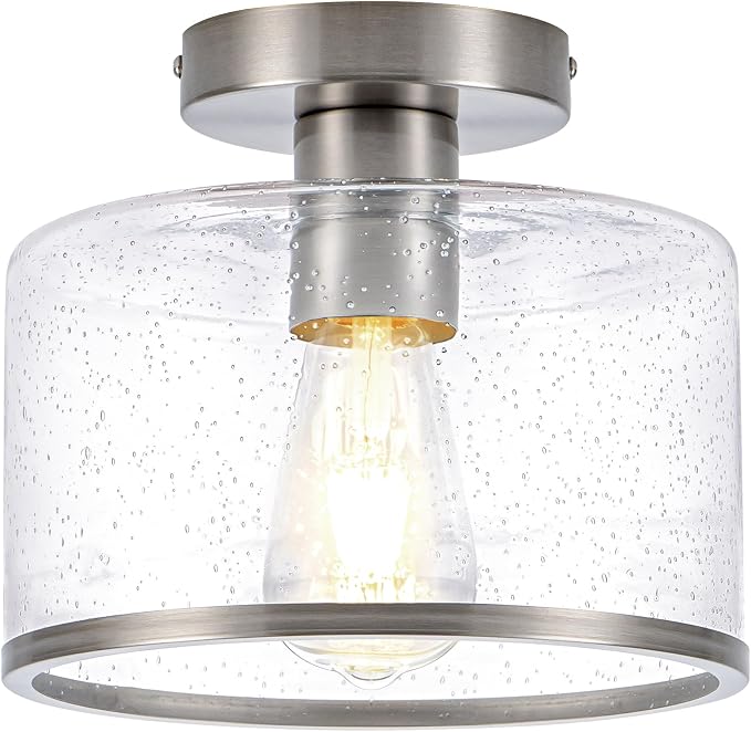 Zlepmlla Modern Flush Mount Ceiling Light, Seeded Glass Ceiling Light Fixture, Nickel Light Fixture for Hallway, Bedroom, Entryway, Kitchen，Living Room