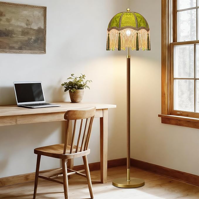 QIYIZM Vintage Floor Lamp for Living Room,Bedroom,Dimmable Standing Lamp with Remote,Green Mid Century Gold Tall Lamp Boho Retro Floor Light Fringe Tassel Flower Unique Wood Tiffany Victorian Decor