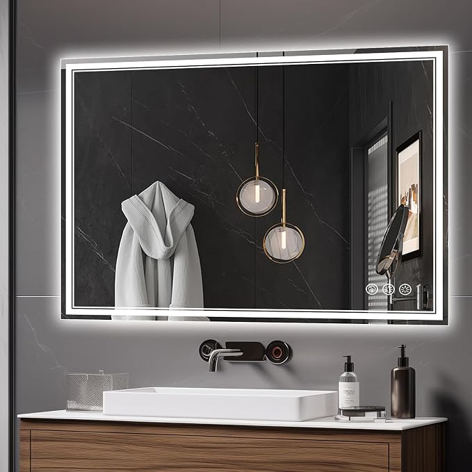 Ratsamee 48x32 Inch LED Bathroom Mirror with Frontlit & Backlit, Lighted Mirror for Bathroom Wall with 3-Color Dimmable & Anti-Fog, Vanity Mirror with Lights