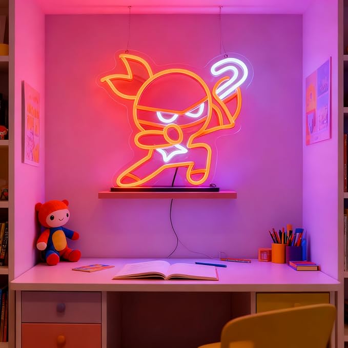 Cookie Ninja Neon Sign, Orange Cute Character Night Light, Adorable Cartoon Wall Decor, Fun Kids Room Art (12.2"x12.2")