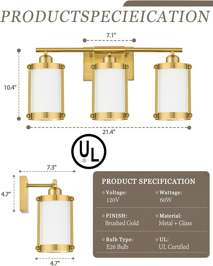 3-Light Brushed Gold Bathroom Light Fixtures with Milk Frosted Glass, 21" Modern Bathroom Vanity Lighting Fixtures Over Mirror with Metal Cage, Wall Sconce Lights for Bath, E26, OS-3014BGW-3W
