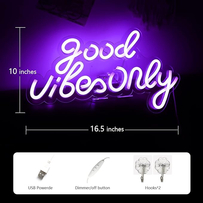JFLLamp Good Vibes Only Neon Signs for Wall Decor Neon Lights Led Signs Suitable for Living Beer Bar Game Room Hotel Birthday Party Restaurant Christmas Unique Gift for Lover, 16.5 * 10 Inch(Purple)