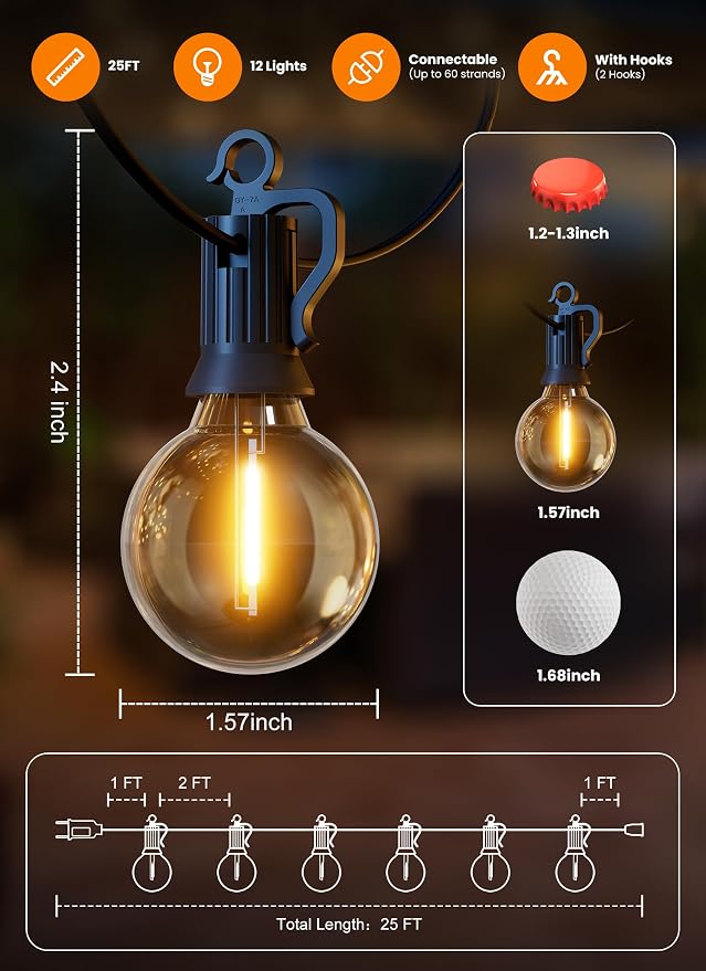 25FT 13 LED Outdoor String Lights, G40 Shatterproof String Lights, IP65 Waterproof Connectable Outside Patio Light for Backyard Porch Balcony Garden Decor Christmas Camping Gazebo