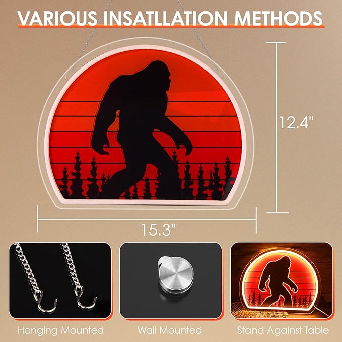 Bigfoot Neon Sign, Bright USB Powered Sasquatch Neon Lights Sign and Unique UV Printed Funny Big Foot Sasquatch Gifts for Men Cave Women Adults Kids Bigfoot Lovers Wall Art Decors