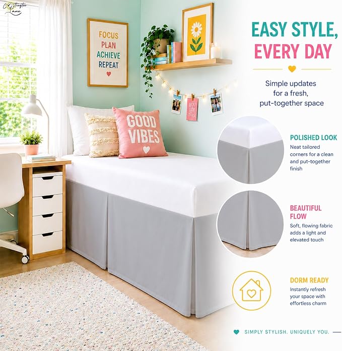 Cottington Lane Tailored Box Pleated College Dorm Bed Skirt Twin XL, Hotel Quality Premium Brushed Microfiber Extra Long Bedskirt Twin XL 32 Inch Drop, Light Grey Dorm Bedding