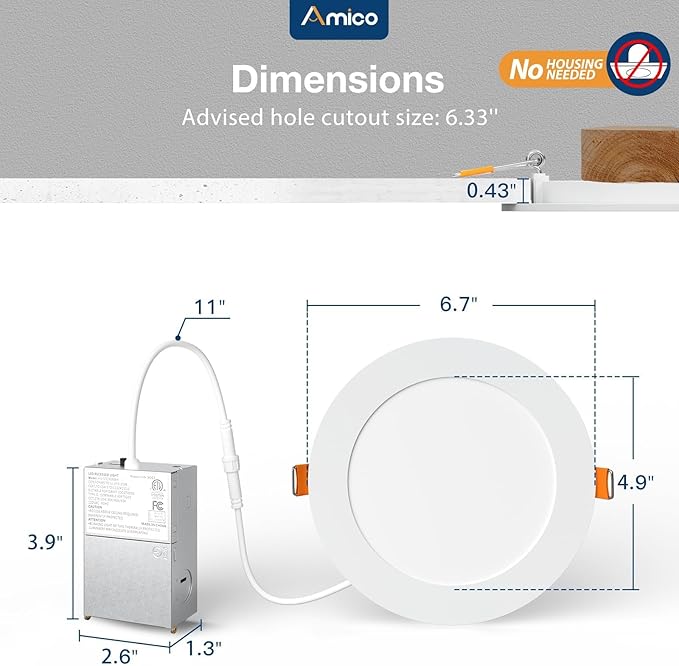 Amico 12 Pack 6 Inch 5CCT Ultra-Thin LED Recessed Ceiling Light with J-Box, 2700K/3000K/3500K/4000K/5000K Selectable, 12W=110W, Dimmable Canless Downlight, 1050LM High Brightness, ETL&FCC