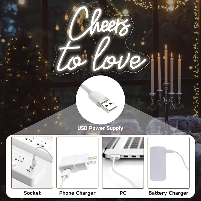 Cheers to Love Neon Sign for Wall Decor, Cheers to Love Led Sign with USB Supply for Bedroom Birthday Wedding Decor，White Led Signs 15.7x11.8 Inch