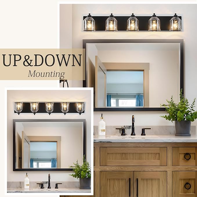 Vanity Lights for Bathroom Large 40", Farmhouse Rustic Vanity Light with Bubble Glass Shades, Black 5 Light Bathroom Lighting Fixtures Over Mirror, Bath Wall Sconce Home Decor