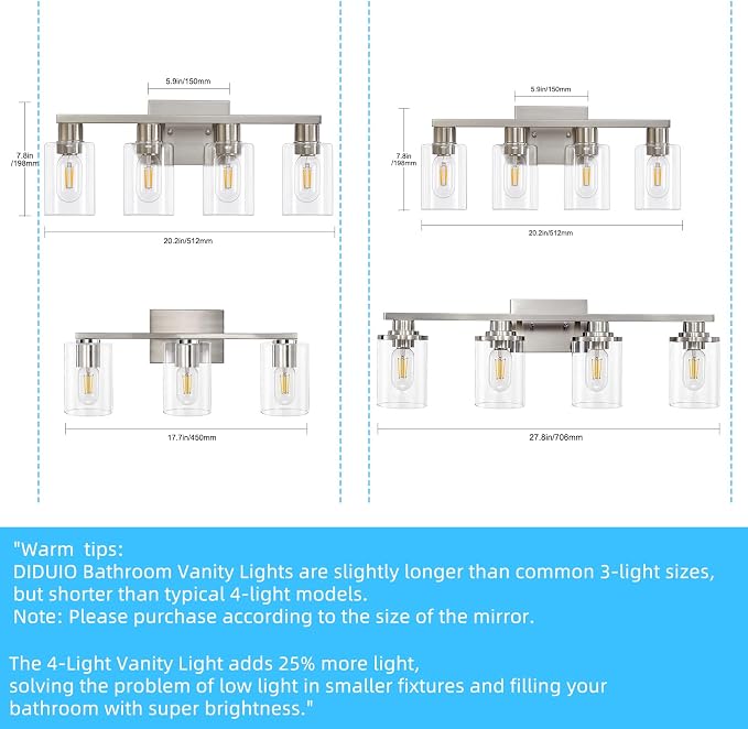 4 Light Bathroom Vanity Light Brushed Nickel Vanity Lights for Bathroom Modern 4-Lights Wall Sconce with Clear Glass Shade for Bedroom Living Room