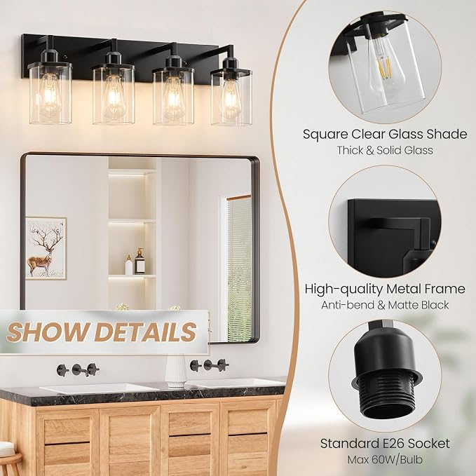 4-Light Bathroom Light Fixtures, Black Bathroom Lighting Fixtures Over Mirror with Clear Glass Square Shade, Modern Vanity Lights for Bathroom, Living Room, Hallway, Cabinet