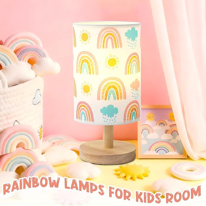 Rainbow Table Lamp for Kids Bedroom - Boho Rainbow Kids Bedside Lamp with Linen Wooden Nightstand Cartoon Nursery Lampshade for Girls Room Decor