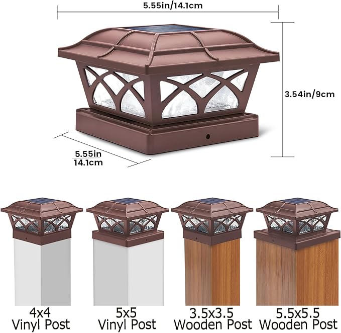 SIEDiNLAR Solar Post Cap Lights Outdoor Glass 2 Color Modes 8 LEDs for 4x4 5x5 6x6 Posts Deck Fence Patio Decoration Warm White & Cool White Lighting Brown (2 Pack)