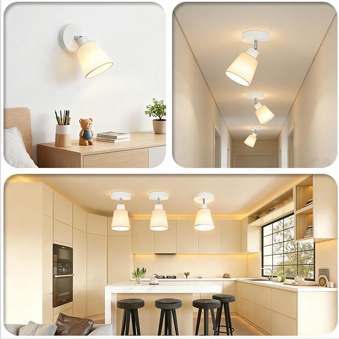 HiBay 1-Light Ceiling Track Lighting Fixture Farmhouse, Modern White Directional Flush Mount Spotlight w/Linen Shade for Bedside Picture Studio Art, E26 Base (Bulbs Not Included)