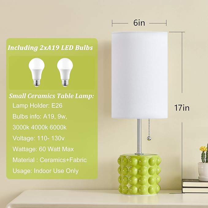 GyroVu Ceramic Small Table Lamp Set of 2, Adjustable Color Temperature Bedside Nightstand Lamps with Pull Chain for Bedroom Living Room Reading, Green, 2 Bulbs