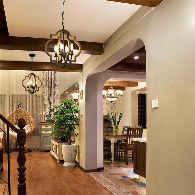 Farmhouse Chandelier Light Fixtures, 4-Light Dining Room Light Fixtures Over Table, Solid Wood Chandeliers for Dining Room, 15.7“ Brown Rustic Chandeliers for Living Room Kitchen Island Bedroom Foyer