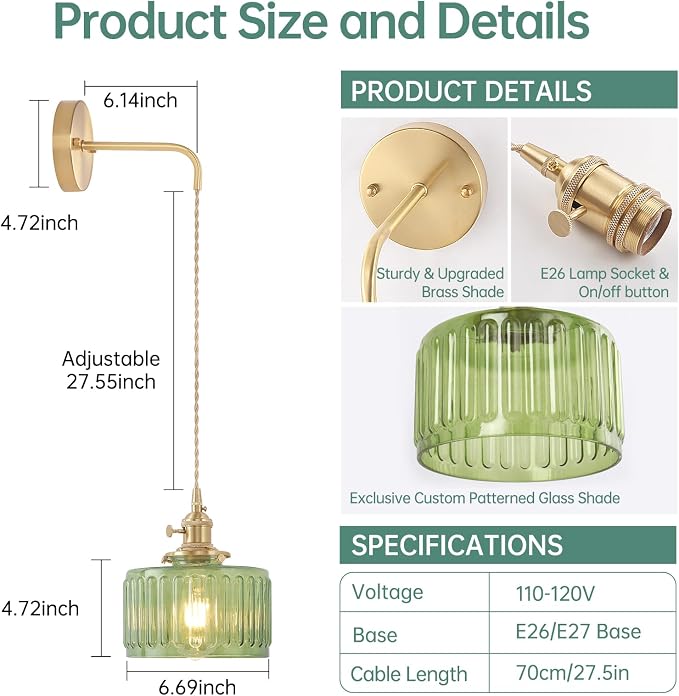 Shenmoyl Vintage Wall Sconce Wall Lamp with Green Striped Shade Pattern Glass Adjustable Chain Retro Gold Wall Mounted Light, Modern Wall Lamp Fixtures Decor for Bedside Bedroom Indoor Doorway