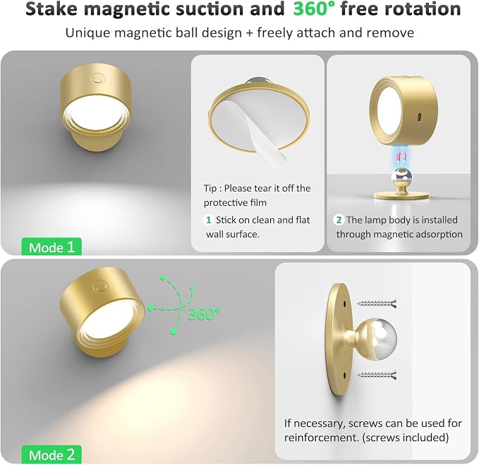 Racokky LED Wall Sconces 3 Pcs with Remote, Wall Lights 3000mAh Rechargeable Battery Operated, 3 Color Temperatures & Dimmable Wall Lamp Magnetic 360° Rotation Light for Bedroom Living Room(Gold)