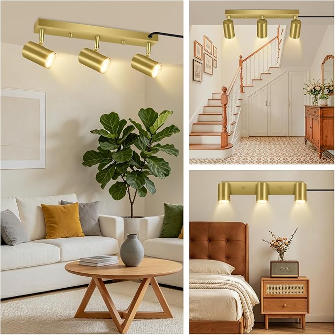 Plug-in Track Light Fixtures Ceiling Kit, 3 Head Track Lighting with 15ft Power Cord, GU10 Base 35W Max, Adjustable Spotlight for Kitchen, Bedroom, Office, Hallway, Gold Finish