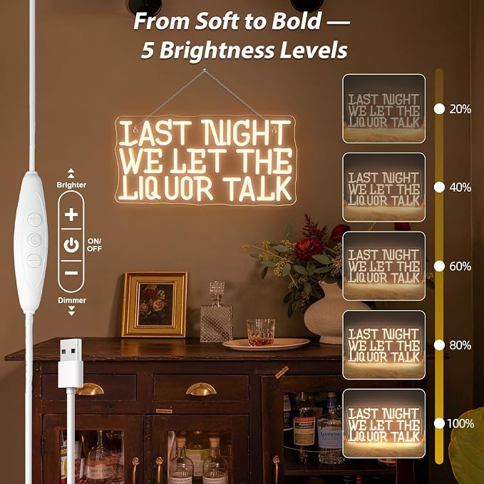 Last Night We Let The Liquor Talk Neon Sign Hilarious LED Bar Wall Decor for Home Bars, Taverns & Party Basements, USB-Powered Adjustable Brightness, Drinking Neon Sign