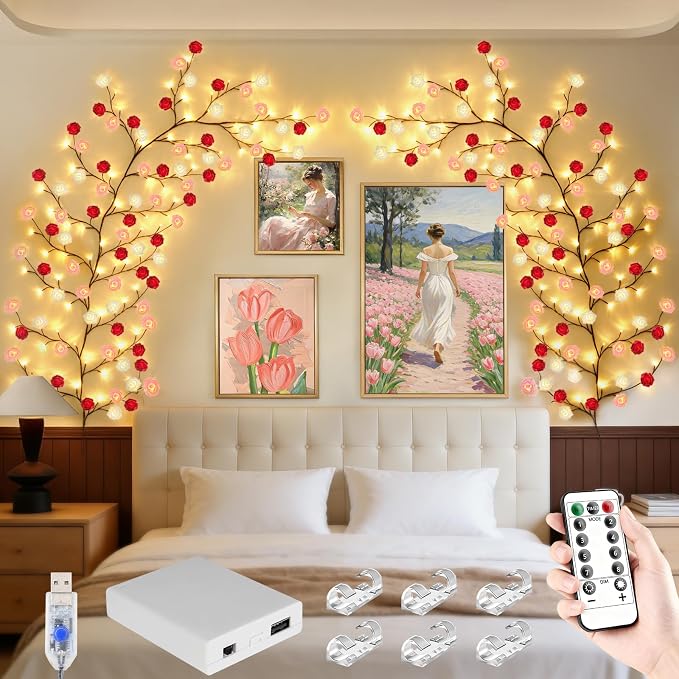 7.55FT 144LED Rose Blossom Enchanted Willow Vine Lights with Battery Box | 3 Color Rose Blossom Tree Branch Lights for Wall, Remote Timer,8 Light Model,Bedroom Wall Doors Wedding, Christmas