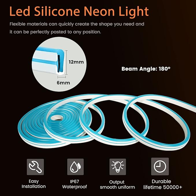 YM E-Bright Led Neon Strip Lights 12V Rope Silicone Indoor Outdoor 16.4Ft 600SMD Waterproof Flexible for Signboard Bar Home Kitchen Bedroom Party Holiday Art Decoration, Ice Blue(No Power Adapter)