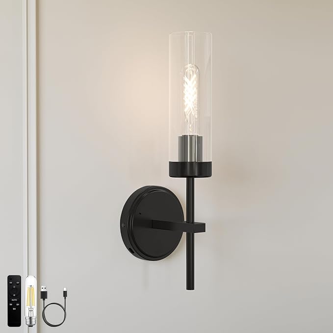 Black Battery Operated Wall Sconce, Wireless Wall Sconces with Remote Control, Rechargeable 3000K Dimmable Wall Light for Bedroom Living Room Bathroom Hallway Entryway Stairwell