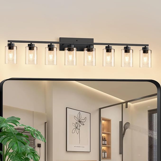 IZORRO Modern Bathroom Light Fixtures, 8 Light Black Vanity Lights, Bathroom Lighting Fixtures Over Mirror with Clear Glass for Living Room Cabinet Bedroom