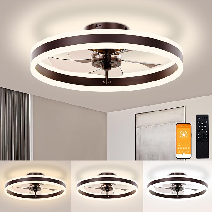 VOLISUN Low Profile Ceiling Fans with Lights and Remote, 19.7in Flush Mount Ceiling Fans with Light, 3000K-6500K Dimmable Fandelier LED Fan Light, Brown Bladeless Ceiling Fans with Lights for Bedroom