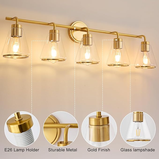 Gold Vanity Light 5 Lights 38.5" Large Vanity Lights for Bathroom, Wall Sconces Light with Clear Glass Shade, Light Fixtures for Bathroom, Living Room, Kitchen, Bedroom, E26 Base