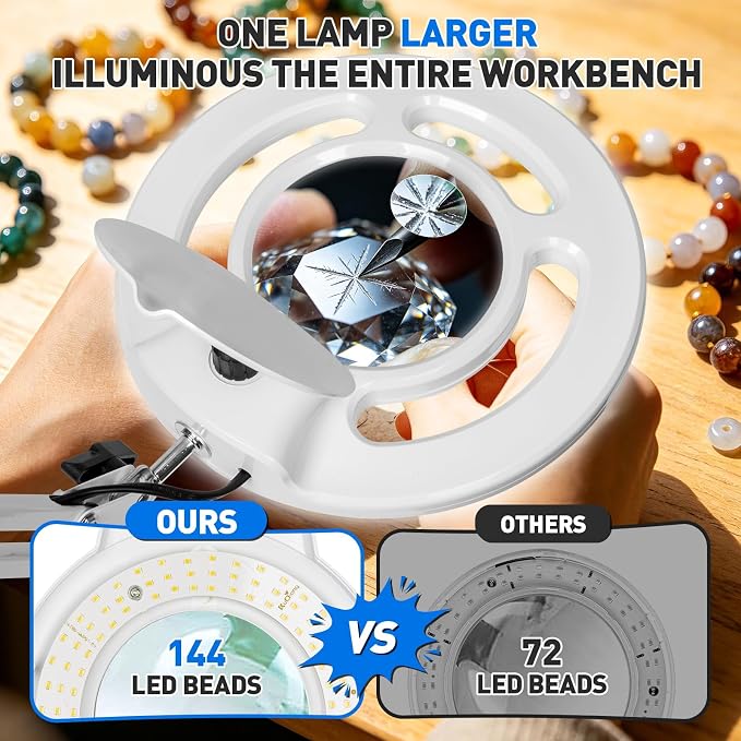 12X 30X Magnifying Glass with Light, KIRKAS 2,200 Lumens LED Magnifier Lamp | with Clamp, Stepless Dimmable Real Glass Lens, Adjustable Arm Workbench Light for Close Work Hobby Repair Craft - White