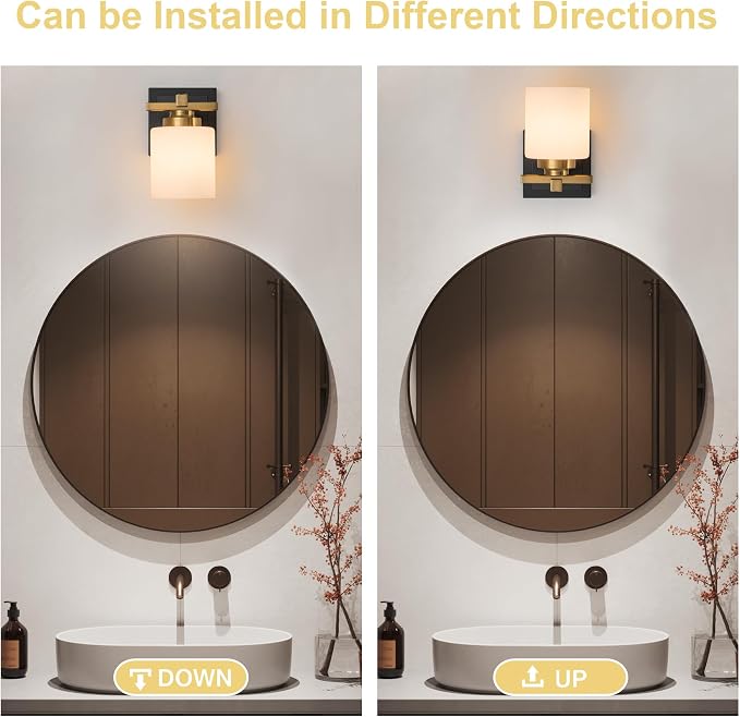 Modern Bathroom Light Fixtures Over Mirror, Vanity Lights for Bathroom Wall Sconces with Milky White Glass Shades, E26 Socket (Bulbs Not Included), 1 Light, Black Gold
