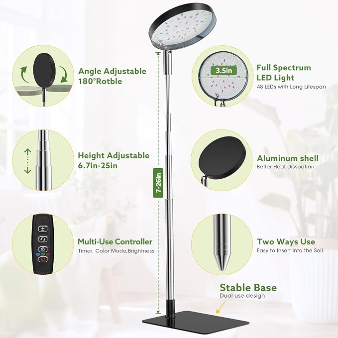 Grow Lights for Indoor Plants Full Spectrum, 48 LEDs Plant Light for Indoor Plants with 2 Mounting Options, 3 Optional Spectrums, 3/9/12Hrs, 10 Brightness, 2 Packs (Black)