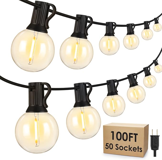100Ft LED Outdoor String Lights, Dimmable Patio Lights, Waterproof Shatterproof 53 G40 Globe Bulb String for Backyard Bistro-Black 1 Pack