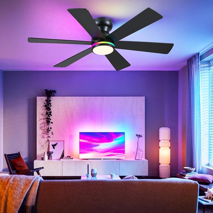 46" 6-Blade Black Low Profile RGB Ceiling Fan with Light and Remote/APP | 11 RGB Modes,Reversible 6 Wind Speeds,Dimmable 3 CCT LED, 25W Quiet DC Motor,Timer,6 Double-Sided Blades,for Bedroom Party