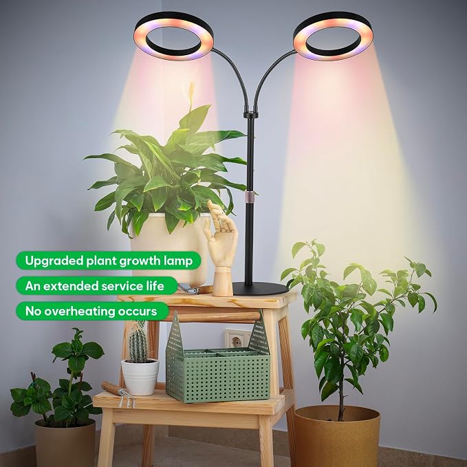 Grow Lights for Indoor Plants, 2-Head Full Spectrum & 3/9/12H Timer, Black | 144 LEDS Plant Light, 10 Dimmable Levels Indoor Plant Light, Flexible Gooseneck, 14"-23" Height Adjustable, Metal Base