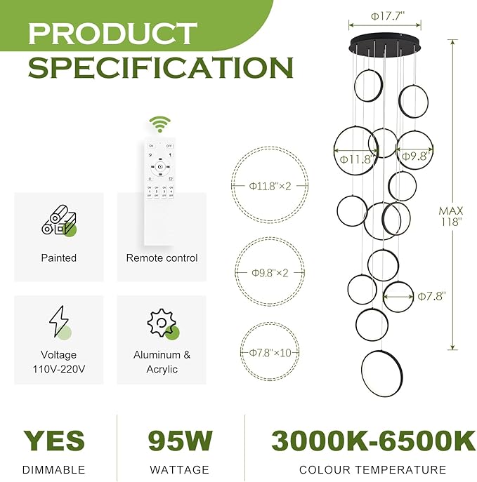 14 Ring High Ceiling Chandelier Foyer, Black Modern LED Large Staircase Long Chandeliers Light Fixture with Remote for Staircase Entryway Living Room Dining Room(118in, 3000K-6500K)
