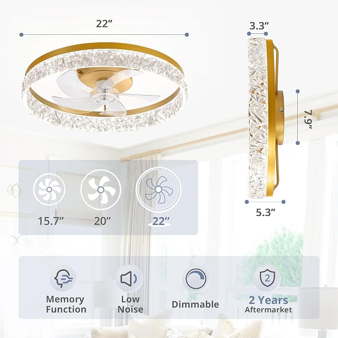 LEDIARY 22" Ceiling Fans with Lights and Remote, Fandelier Gold | 3CCT, 6 Speeds, Dimmable Low Profile, Flush Mount Ceiling Fan, Timer, Reversible, Memory, Bedroom, Living Room, Kitchen