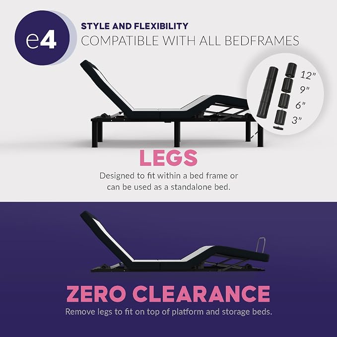 Blissful Nights e4 Twin XL Adjustable Bed Base with Massage, Anti-Snore, Zero Gravity, Dual USB Charging Station, Under Bed Nightlight, Wireless Remote Head and Foot Incline