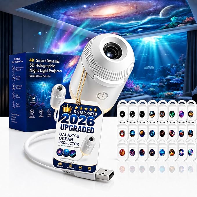 2026 Upgraded Hd Smart Dynamic 5D Holographic Night Light Projector with 24 Films, Plug and Play HD Star Projector, 360° Adjustable Galaxy and Ocean Star Projector, USB Powered (24 Projection Films)