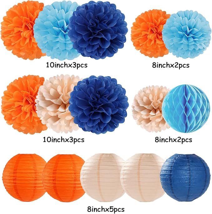 Navy-Blue Orange Champagne Party-Decorations Paper-Flowers - 15pcs Fall Birthday Baby Bridal Shower Tissue Pom Poms Lanterns Streamers Honeycomb, Wedding Bachelorette Hanging Supplies Decor Hugfond