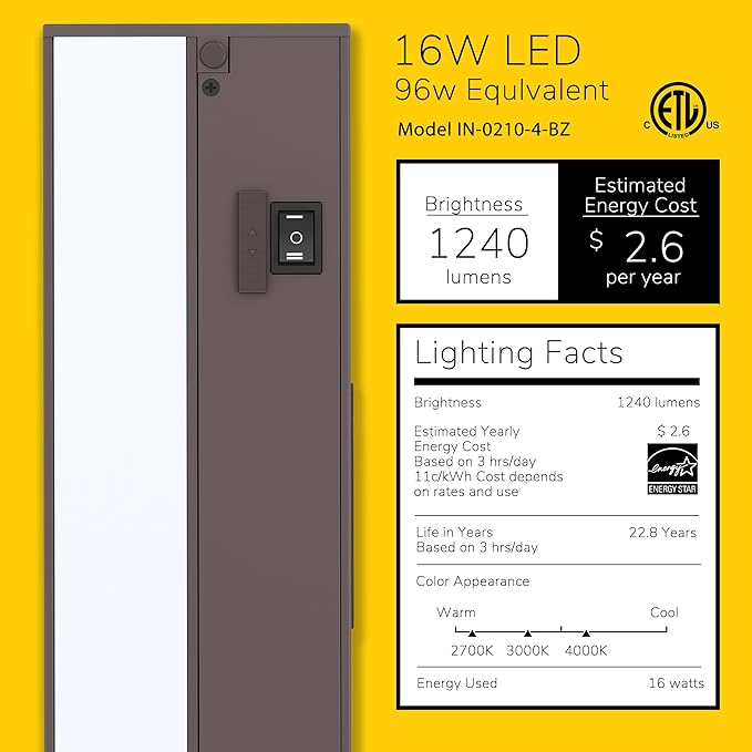 Getinlight 32-inch 3 Color Levels LED Under Cabinet Lighting, Hardwired or Plugged-in, Selectable White 2700K/3000K/4000K, Dimmable, Bronze Finished, IN-0210-4-BZ
