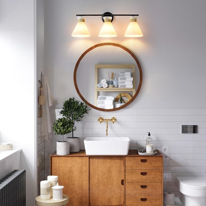 WOSHITU Bathroom Vanity Light Fixtures: 3 Lights Modern Bathroom Lighting Fixtures Over Mirror with Frosted Milky Glass Shade, Black and Gold Vanity Lighting Fixtures Wall Sconce for Bath Bedroom