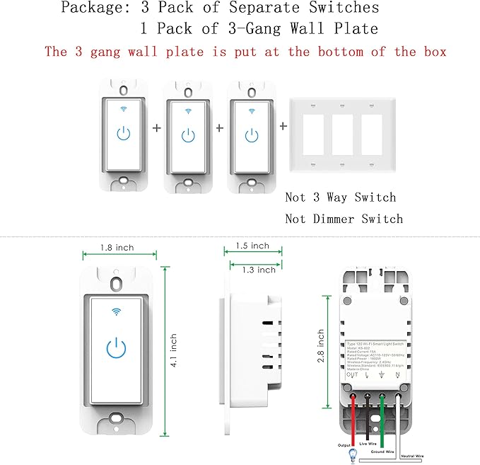 Smart Switch 3Gang Smart Light Switch 3 Gang, 2.4Ghz in-Wall Smart Switch WiFi Light Switch Compatible with Alexa and Google Assistant, Single Pole, Need Neutral Wire