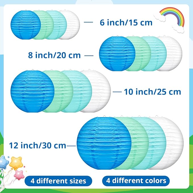 16 Pcs Paper Lanterns Hanging Round Blue Paper Lantern Decorative 6" 8” 10”12" Four Colors Chinese Lanterns for Birthday Wedding Party Decoration Baby Showers Valentine Indoor Outdoor
