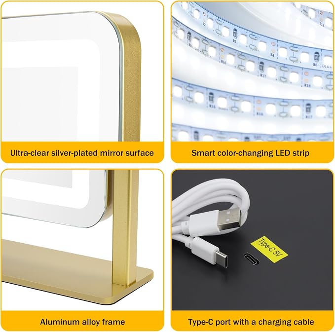 Rechargeable Vanity Mirror with Lights, 3000mAH Battery, 15"×12.2" LED Makeup Mirror, 10X Magnification, Smart Touch with 3-Color Lighting, 360° Rotation, Lighted Up for Makeup Desk, Bedroom (Gold)