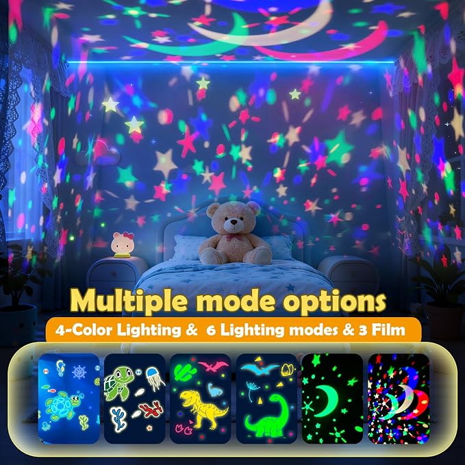 Turtle Kids Night Light,Toys for Boys 3-8 Years Old Starry Sky Projector Light,360 Rotation,4 LED Bulbs,16 Light Colors Variable,USB Cable Powered,Ceiling Light for Kids Bedroom