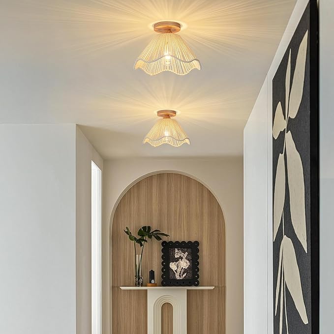 D12.5 Inch Boho Light Fixtures Flush Mount Mini Chandelier Woven Rattan Ceiling Light Fixture for Bedroom Hallway Bathroom Nursery Room