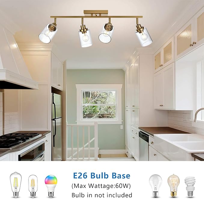 MELUCEE 4 Light Track Lighting Kit Brass Bathroom Vanity Light Fixtures with Adjustable Track Head Ceiling Spotlight Fixture for Hallway Porch Foyer Storage, Clear Glass Shade