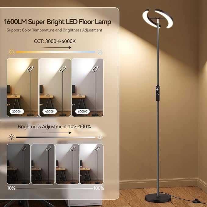 SUNMORY Floor Lamp for Living Room, 28W Bright LED Lamp with Remote Control | 1600lm Dimmable Rotatable Standing Light, 74" Tall Modern Reading Torchiere Uplighter for Bedroom Office Corner, Black